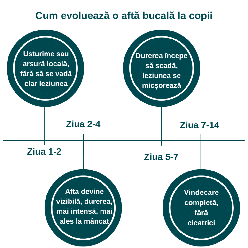 Infografic cu evoluția aftelor bucale la copii