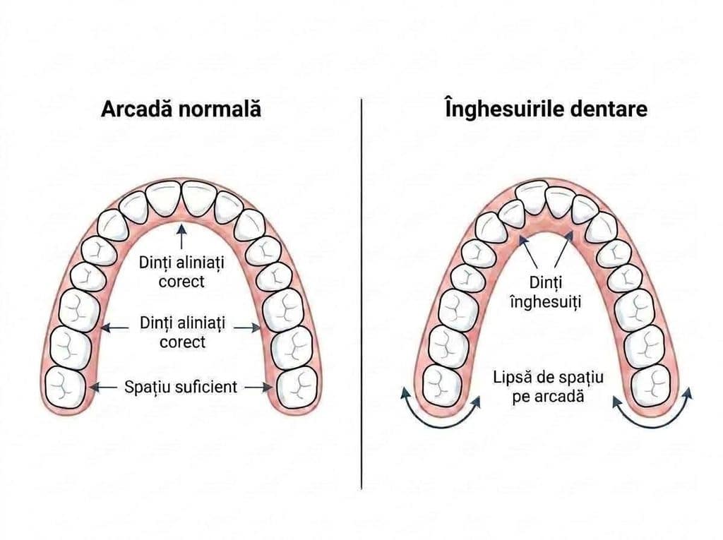 Ilustratie cu comparatie intre arcada normala si inghesuirile dentare