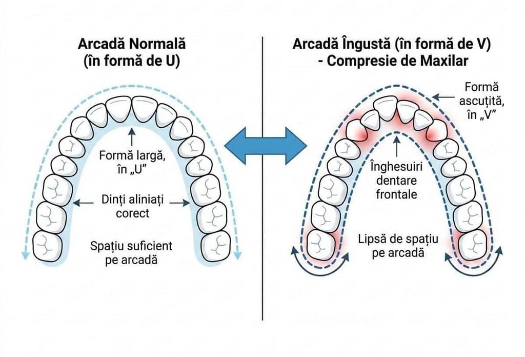 Ilustratie cu comparatia intre arcada normala si compresia de maxilare